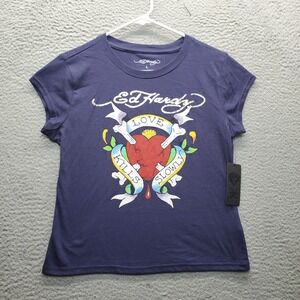 Ed Hardy T-Shirt Youth L Navy Love Kills Slowly Cap‎ Sleeve Crew Neck Pullover